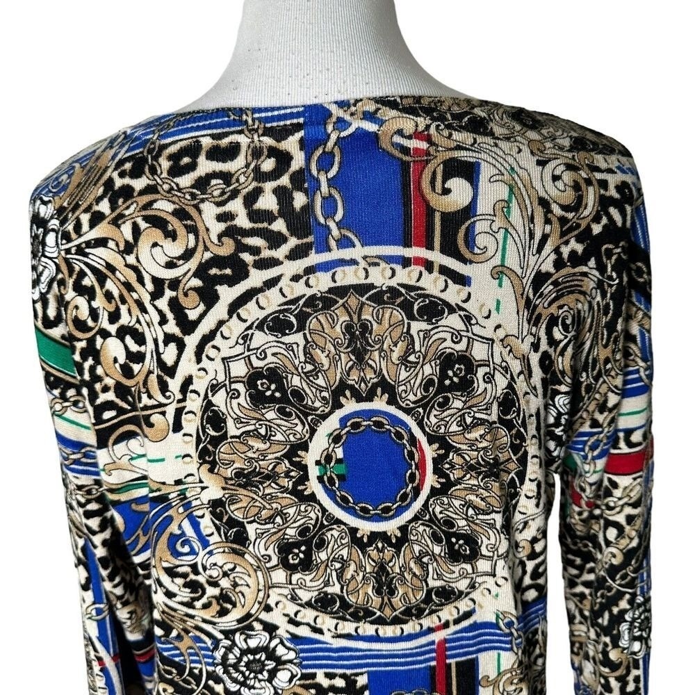 Baroque Medallion Scarf Print Long Sleeve Tunic Blouse Leopard Knit M Blue Multi - Picture 8 of 13